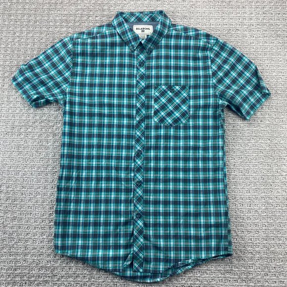 Billabong Shirt Men Medium M Teal Gray Plaid Button Down Chest Pocket Casual - Picture 1 of 7